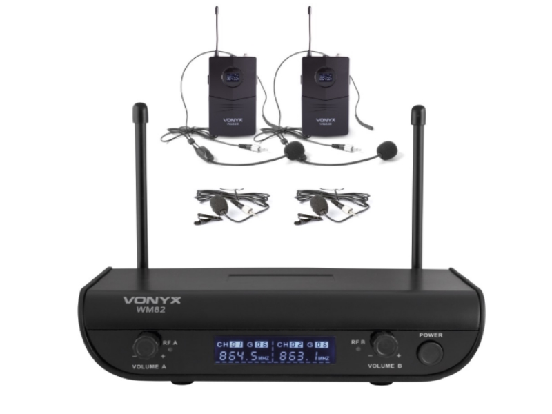 Vonyx WM82 --  Microfono inalambrico digital UHF 2 canales con 4 micros de cabeza